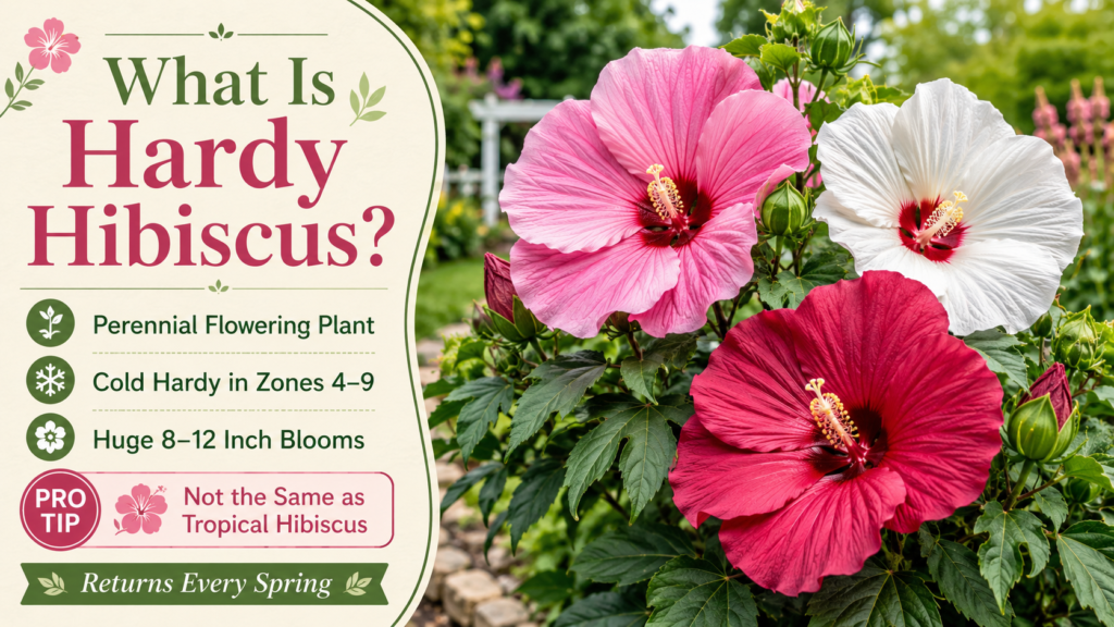 How To Plant, Grow & Care For Hardy Hibiscus What is hardy hibiscus plant with large pink flowers growing in garden during summer season