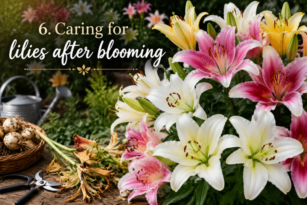 Lily Bulbs: How to Plant & Care for Asiatic & Oriental Lilies Pruning shears snipping off a faded, spent lily bloom while leaving the green stem and leaves intact.