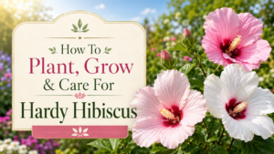 Thumbnail showing large pink and white hardy hibiscus flowers in a sunny garden beside the title “How To Plant, Grow & Care For Hardy Hibiscus” in an elegant decorative text panel.