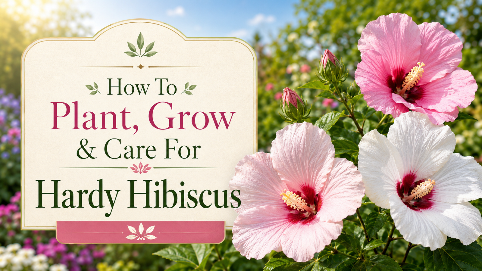 How To Plant, Grow & Care For Hardy Hibiscus Thumbnail showing large pink and white hardy hibiscus flowers in a sunny garden beside the title “How To Plant, Grow & Care For Hardy Hibiscus” in an elegant decorative text panel.