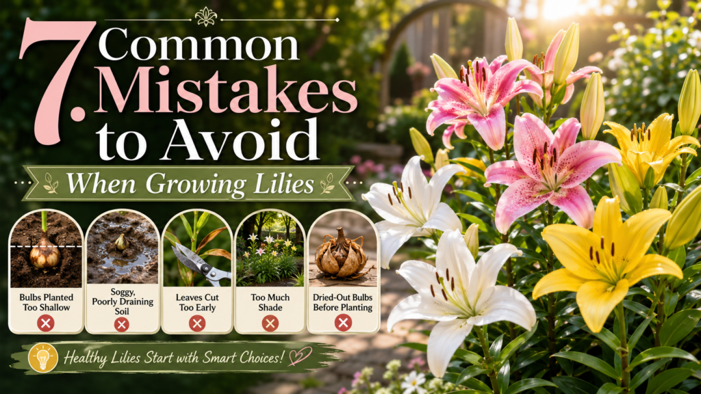 Lily Bulbs: How to Plant & Care for Asiatic & Oriental Lilies A weak, drooping lily plant with a bent stem caused by shallow bulb planting.