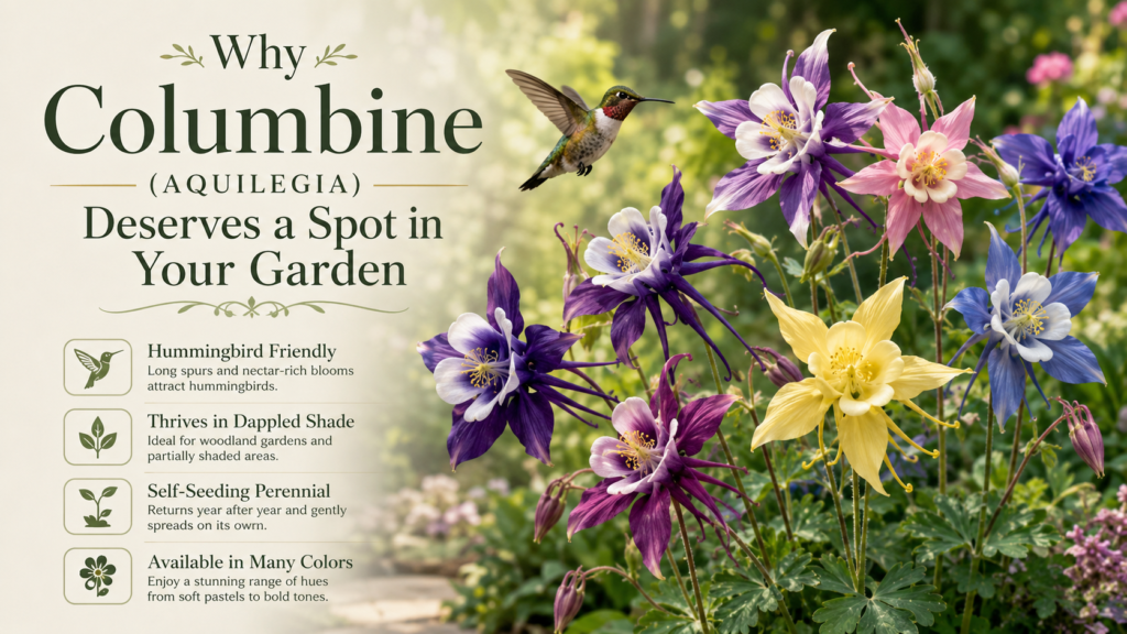 Columbine Flower — How To Grow And Care With Success Cottage garden with Columbine flowers under trees attracting hummingbirds in a peaceful natural landscape