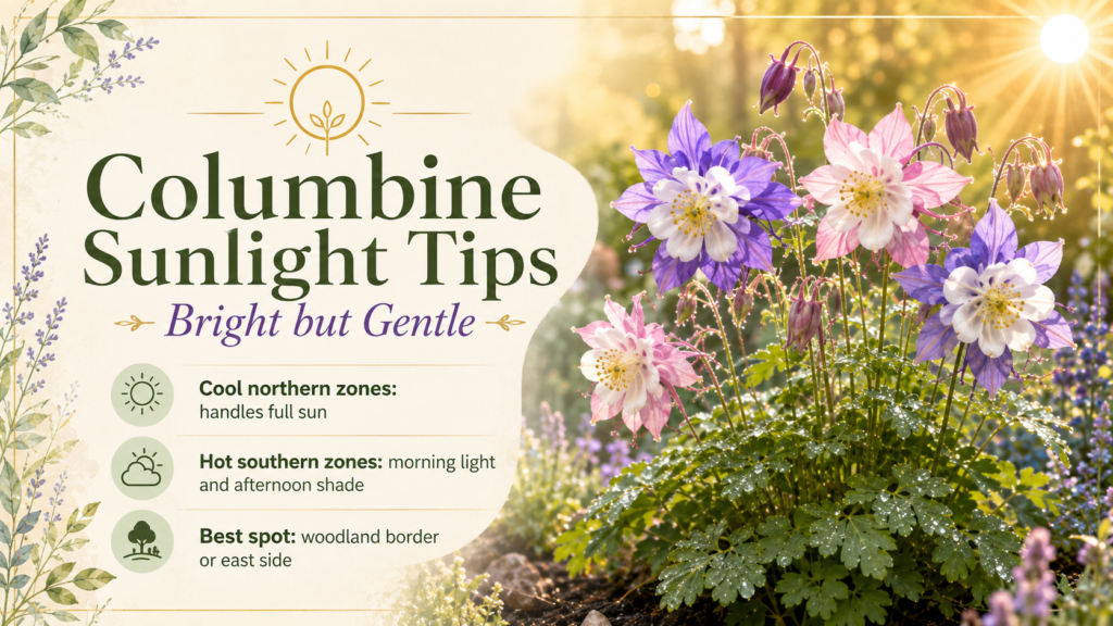 Columbine Flower — How To Grow And Care With Success Columbine flowers growing in a garden with soft morning sunlight and partial afternoon shade for healthy blooming