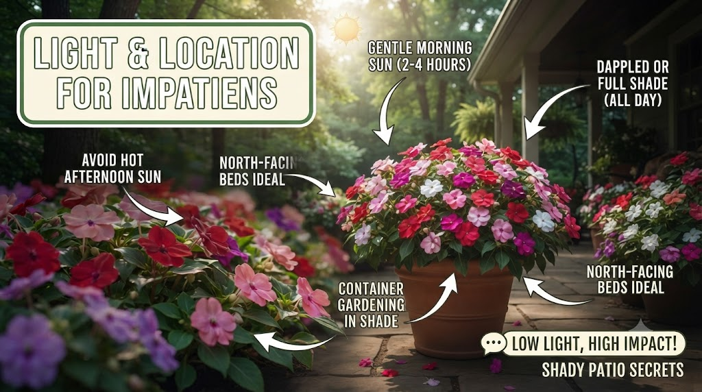 Impatiens Plant Care And Growing Guide Infographic showing light, watering, fertilizer, soil, and spacing requirements for impatiens.