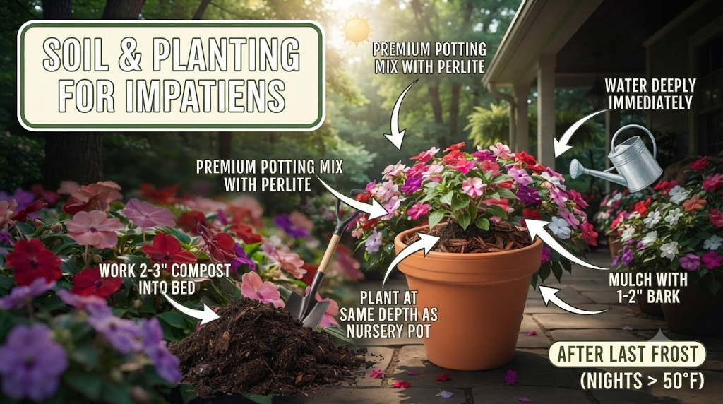 Impatiens Plant Care And Growing Guide Gardener planting colorful impatiens in rich compost-amended soil.