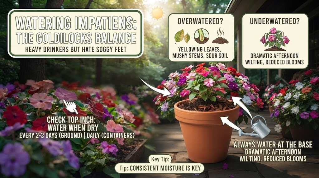 Impatiens Plant Care And Growing Guide Watering impatiens at the base to keep soil evenly moist and prevent disease.