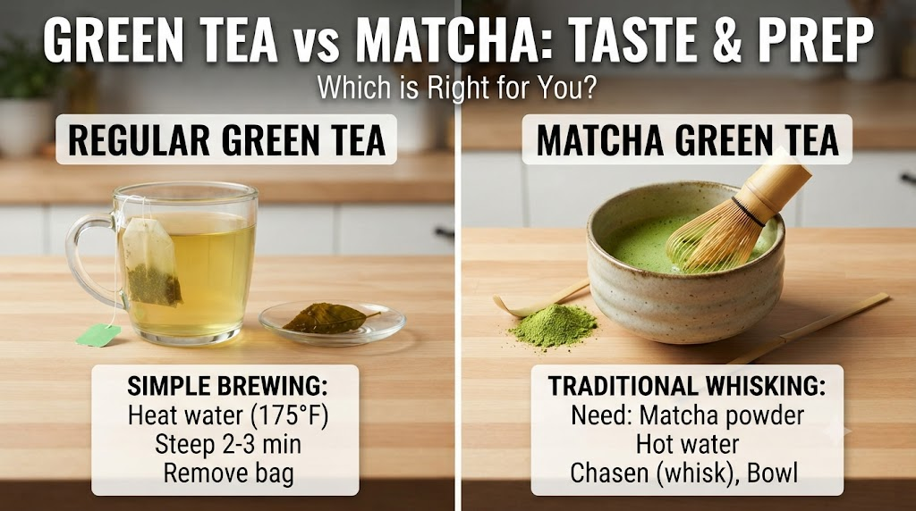 Whisking matcha green tea powder with hot water using a traditional bamboo whisk.
