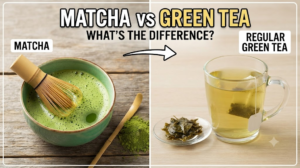 Matcha green tea powder and brewed green tea side by side showing their key differences.