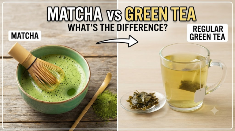 Matcha green tea powder and brewed green tea side by side showing their key differences.