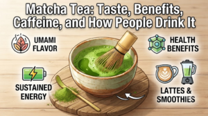 Ceremonial matcha green tea powder whisked into a frothy bowl with a bamboo whisk and scoop.