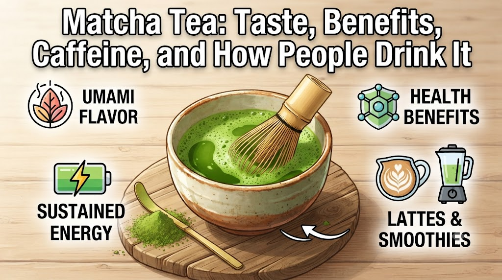Matcha Tea: Taste, Benefits, Caffeine, and How People Drink It Ceremonial matcha green tea powder whisked into a frothy bowl with a bamboo whisk and scoop.