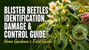 Blister beetle on a garden plant showing identification features and damage