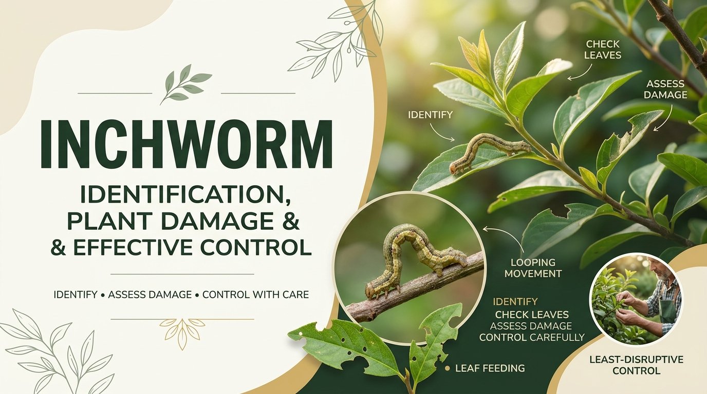 Inchworm: Identification, Plant Damage & Effective Control Green inch worm crawling along a garden leaf and feeding on plant foliage