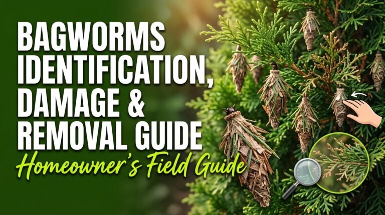 Bagworms: Identification, Damage & Effective Removal Guide Bagworms attached to a plant branch, showing protective cases and feeding damage on foliage