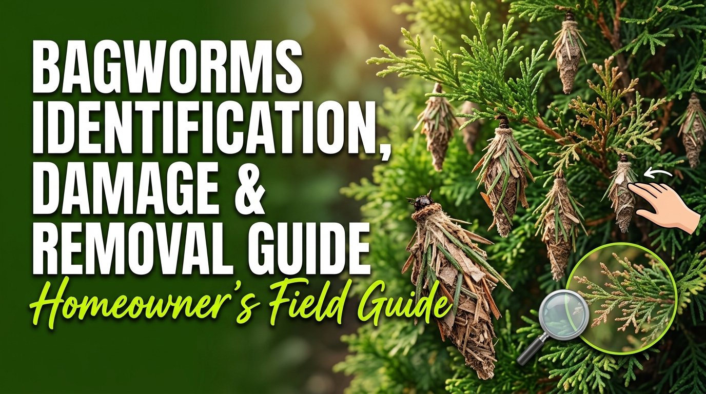 Bagworms: Identification, Damage & Effective Removal Guide Bagworms attached to a plant branch, showing protective cases and feeding damage on foliage