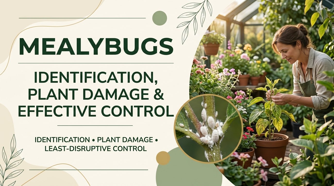 Mealybugs: Identification, Plant Damage & Effective Control Mealybugs clustered on a plant stem and leaves, showing the white cottony pests and visible plant damage.