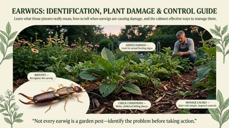 Earwigs: Identification, Plant Damage & Control Guide Earwigs on a garden plant showing their distinctive pincers and body shape. Close-up of earwigs commonly found in home gardens.