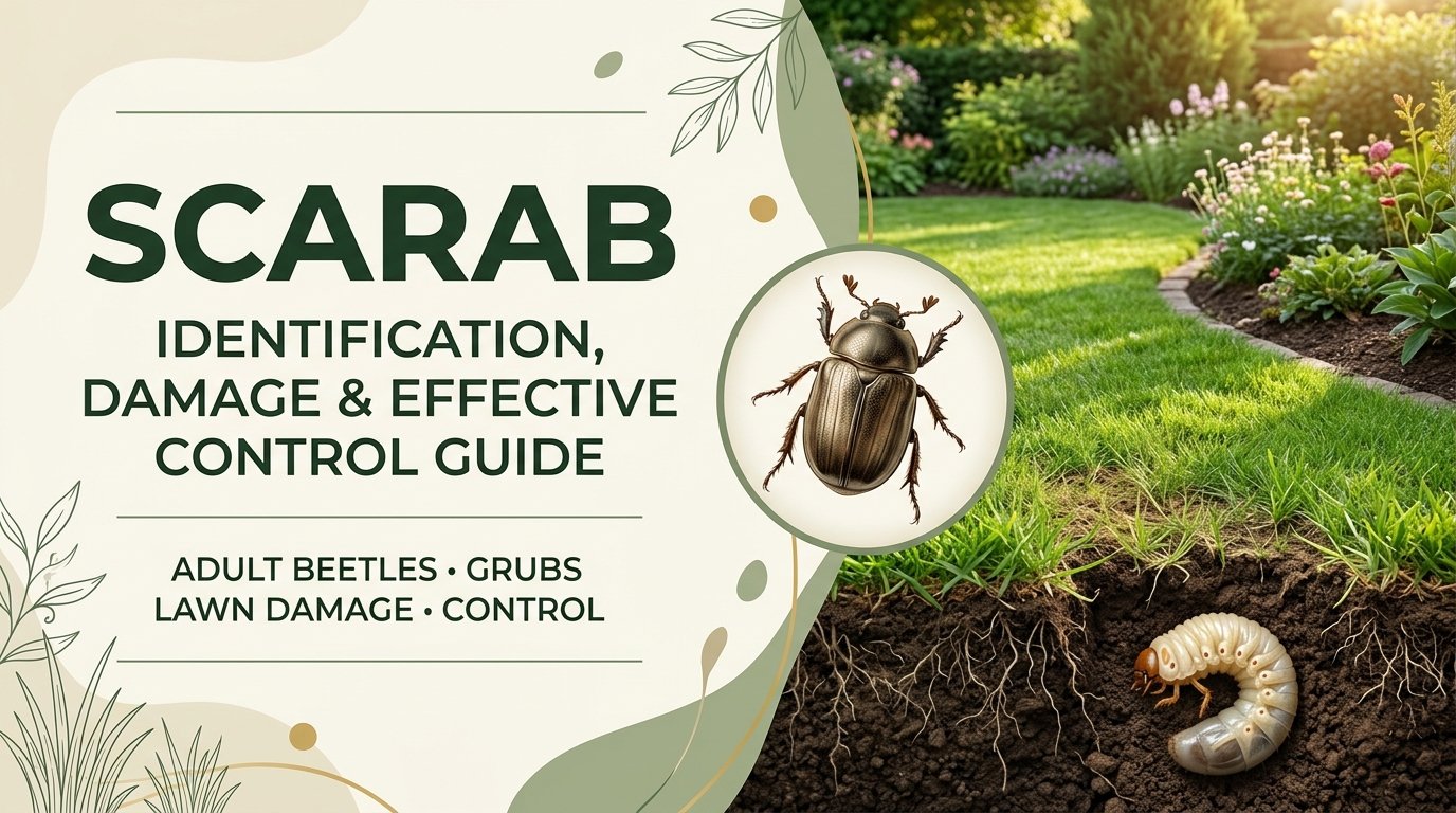 Scarab: Identification, Damage & Effective Control Guide Scarab beetle resting on a garden plant with green leaves and visible feeding damage