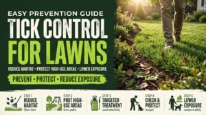 A healthy green lawn and garden with subtle tick-prevention elements, such as lawn treatment spray and protective gardening practices.