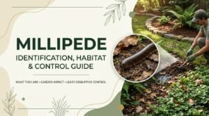 Millipede crawling through damp leaf litter in a garden habitat