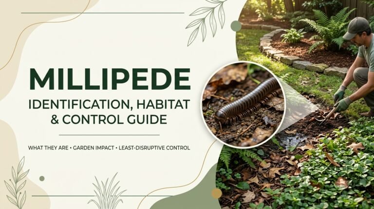 Millipede: Identification, Habitat & Control Guide Essential Millipede crawling through damp leaf litter in a garden habitat