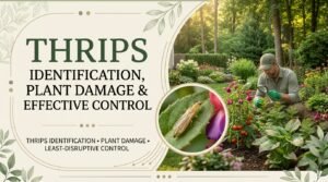 Thrips feeding on a green plant leaf and causing visible damage