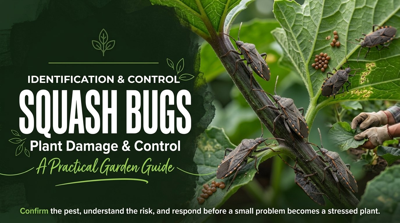 Squash Bugs: Identification, Plant Damage & Control Squash bugs on a squash plant leaf showing their brown bodies and distinctive markings.