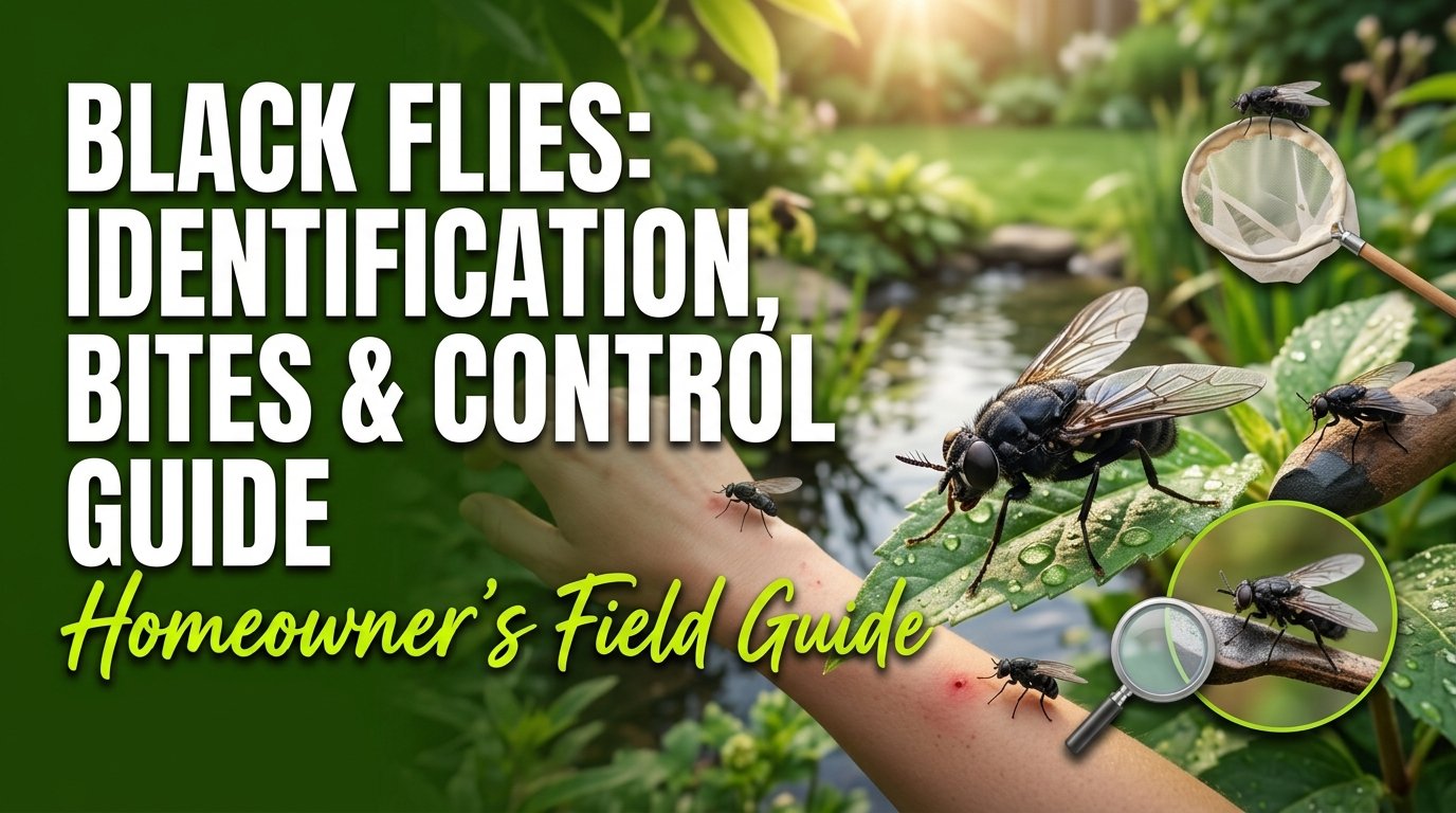 Black Flies Simuliidae: Bites, Identification & Control Tips Black flies gathered near vegetation, showing their small dark bodies and biting fly characteristics.