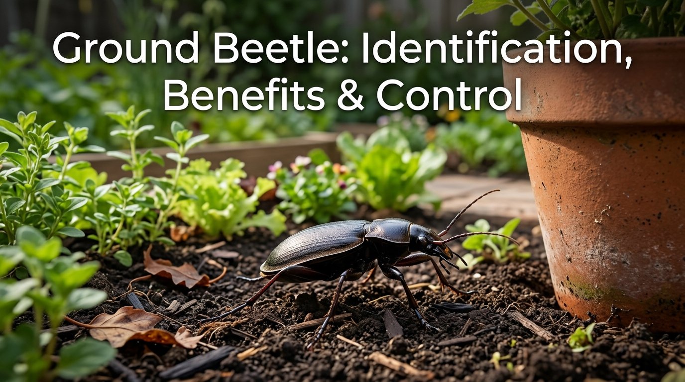 Ground Beetle: Identification, Benefits & Control Ground beetle racing across garden soil beside a plant pot, showing its dark body, long legs, and slender antennae.