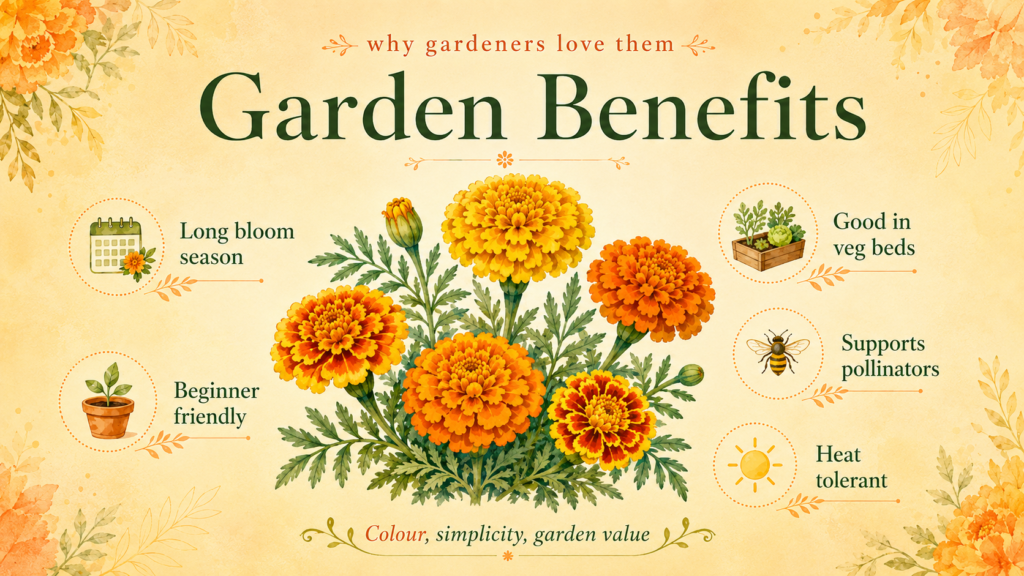 Marigolds Key Benefits Of Growing Them In Your Garden Bright orange marigold flowers blooming in a sunny garden