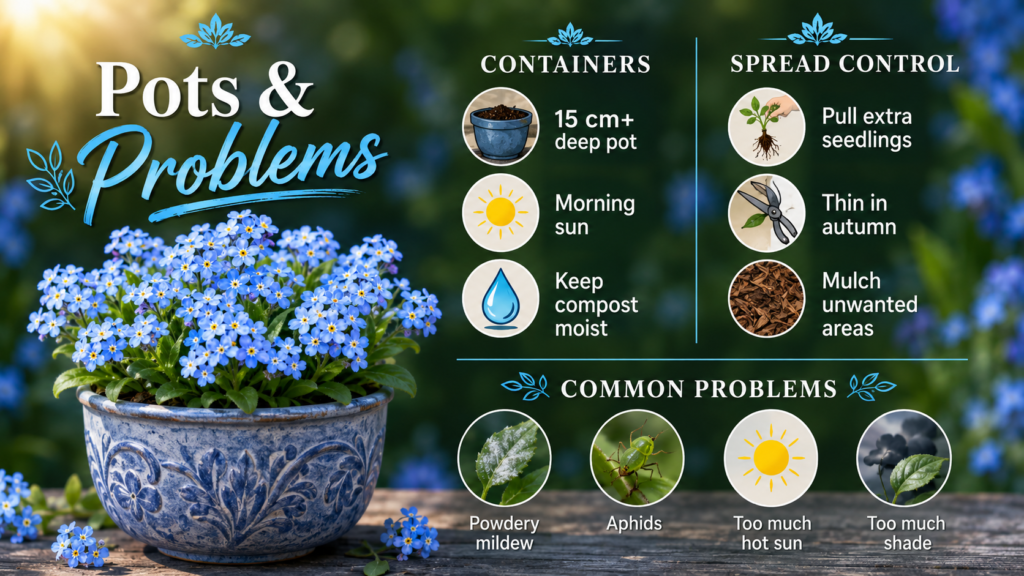 Forget Me Not: How to Grow, Plant, and Care for the Flowers Healthy forget me not plants growing in a cottage garden