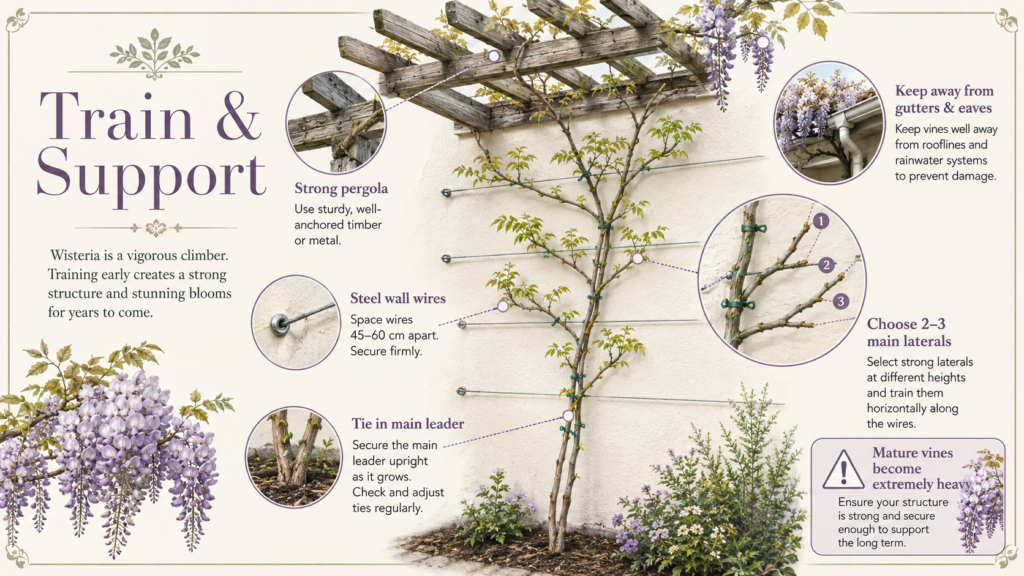 How to Grow Wisteria: Planting, Care & Growing Success Guide How to grow wisteria by training vines along a strong garden trellis