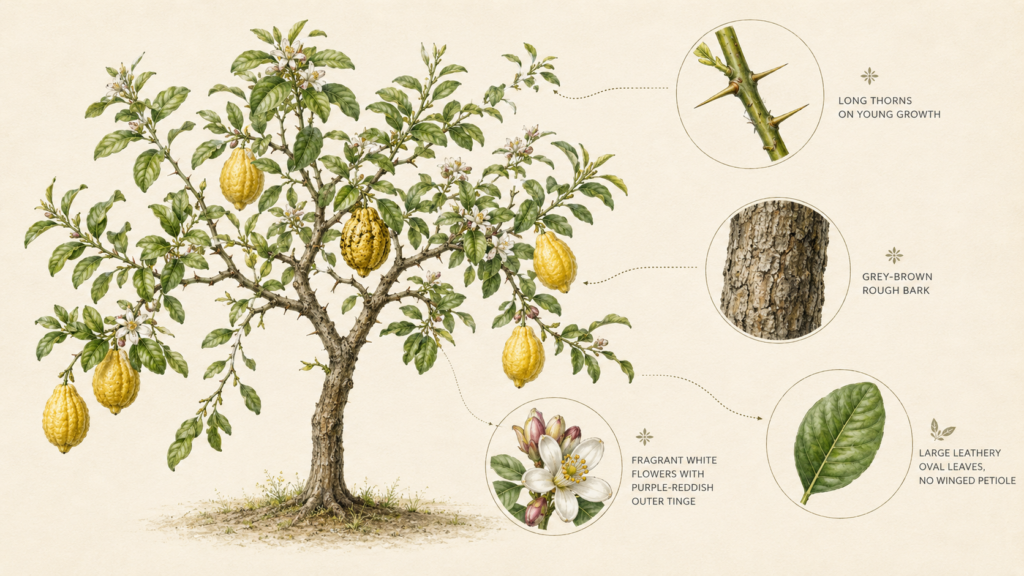 Large citron fruit growing on a healthy Citrus medica tree