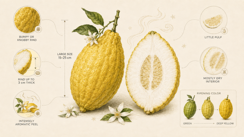 Green citron fruits developing on branches of a citrus tree