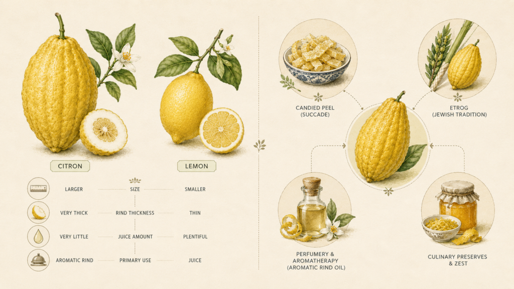 Citron tree growing in a sunny warm garden. Fresh citron fruit sliced open showing its thick white pith