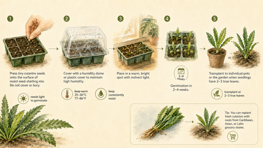 Culantro Plant Guide: How to Grow It & Culantro vs Cilantro Young culantro plants growing in moist garden soil