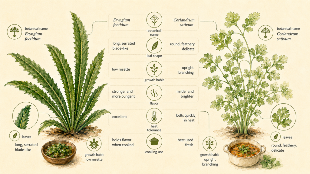 Culantro Plant Guide: How to Grow It & Culantro vs Cilantro Fresh culantro leaves growing in a healthy herb garden