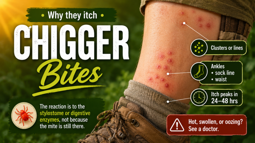 Red, itchy chigger bites appearing on skin after exposure to infested grass or vegetation.