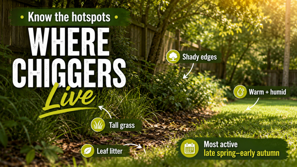 Chiggers hiding in tall grass, weeds, brush, and shaded vegetation around a residential yard