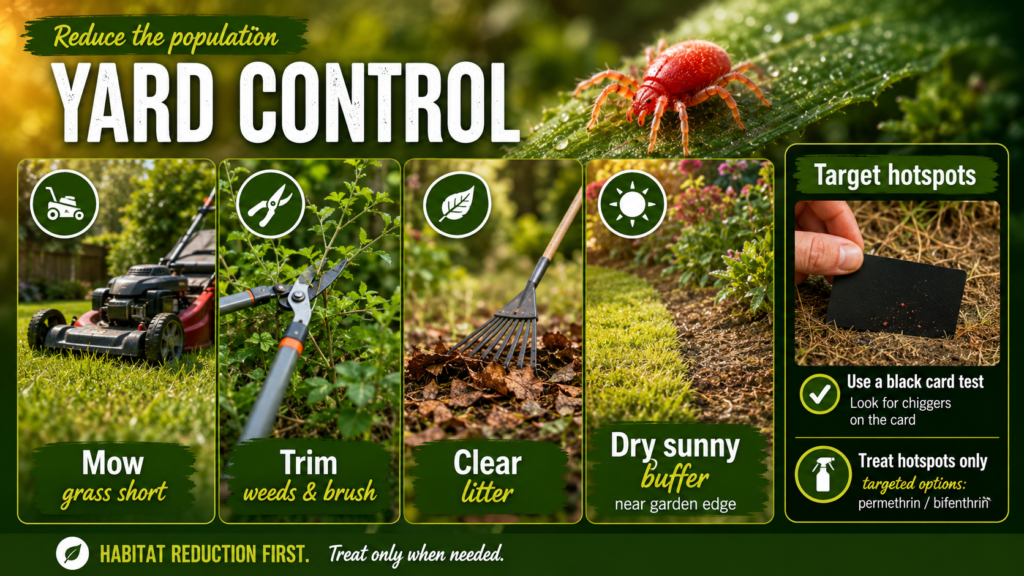 Garden yard being treated and maintained to reduce chigger populations in grassy and overgrown areas.