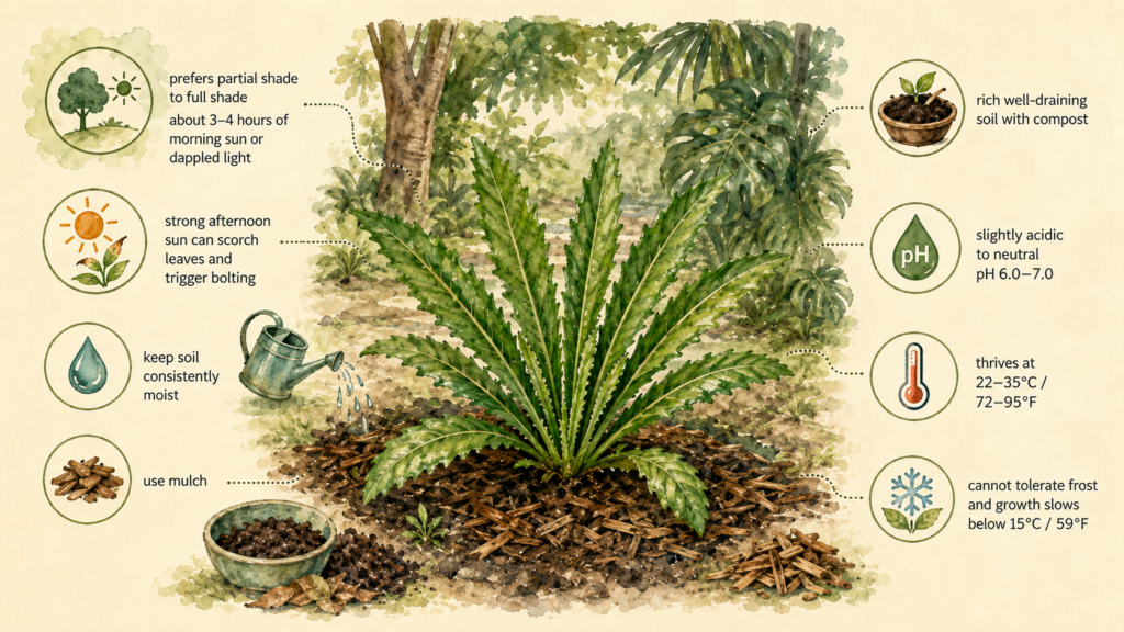 Culantro Plant Guide: How to Grow It & Culantro vs Cilantro Culantro plants growing in a shaded herb garden