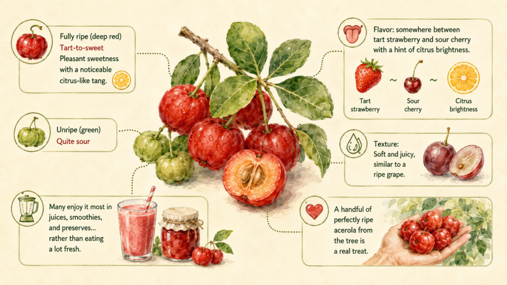 Acerola Fruit: Taste, Nutrition, Benefits & Growing Notes Fresh red acerola fruits displayed beside green acerola leaves