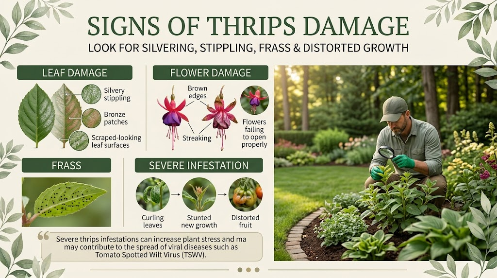 Thrips: Identification, Plant Damage & Effective Control Silvery streaks, pale spots, and distorted leaves showing visible signs of thrips damage.