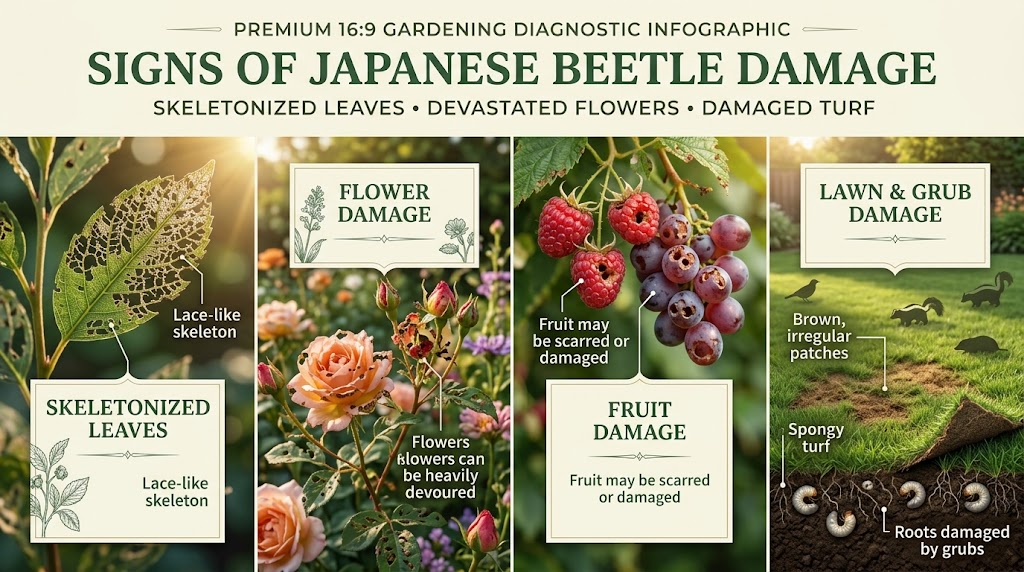 Japanese Beetle: Identification, Damage & Control Guide Garden leaves with a skeletonized appearance caused by Japanese beetles feeding between the veins.