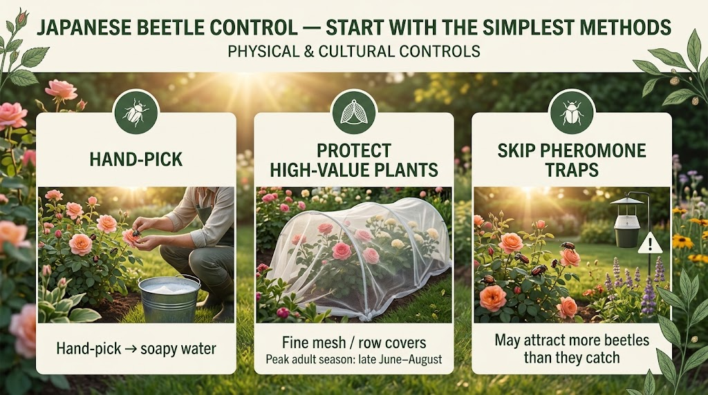 Japanese Beetle: Identification, Damage & Control Guide Garden plants being treated with practical methods to control Japanese beetles and reduce damage.