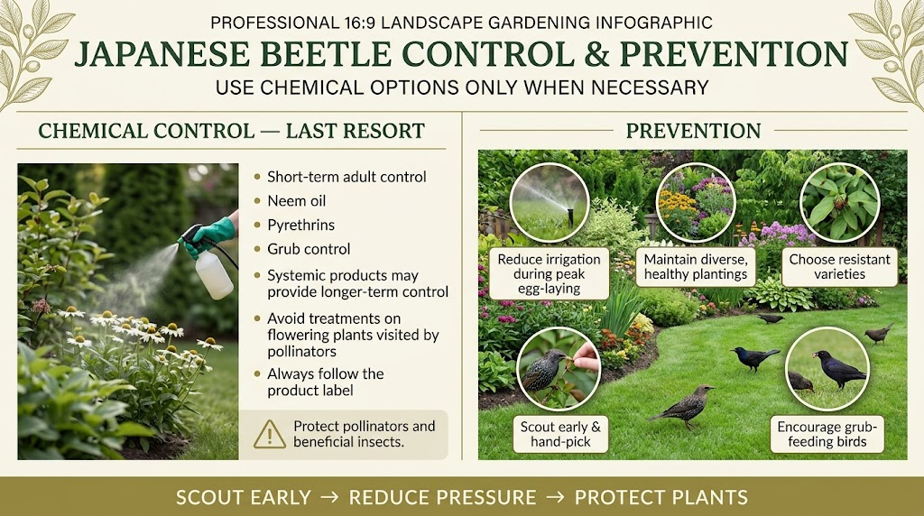 Japanese Beetle: Identification, Damage & Control Guide Healthy garden plants and maintained lawn areas helping prevent Japanese beetle infestations.