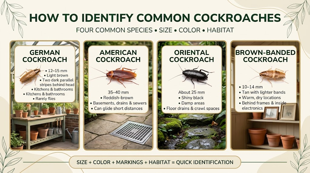 Control Roach: Identification, Prevention & Treatment Guide Close-up of a common cockroach showing its body shape, antennae, and distinctive coloring.