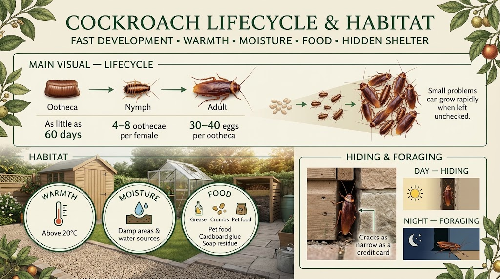 Control Roach: Identification, Prevention & Treatment Guide Cockroaches at different life stages living in a dark, warm, and sheltered indoor environment.