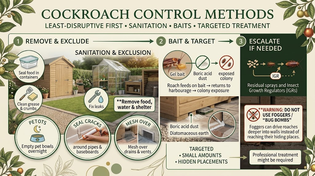 Control Roach: Identification, Prevention & Treatment Guide Practical cockroach control methods being used to reduce an indoor pest infestation.