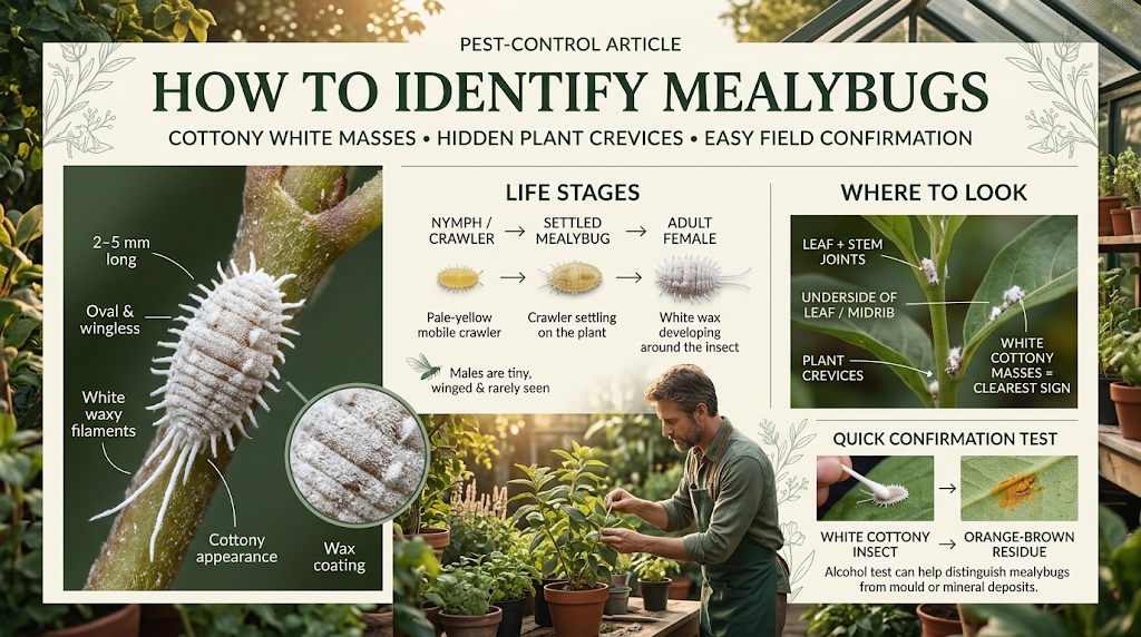 Mealybugs: Identification, Plant Damage & Effective Control Close-up of white, cotton-like mealybugs clustered along a plant stem, leaf joints, and undersides.